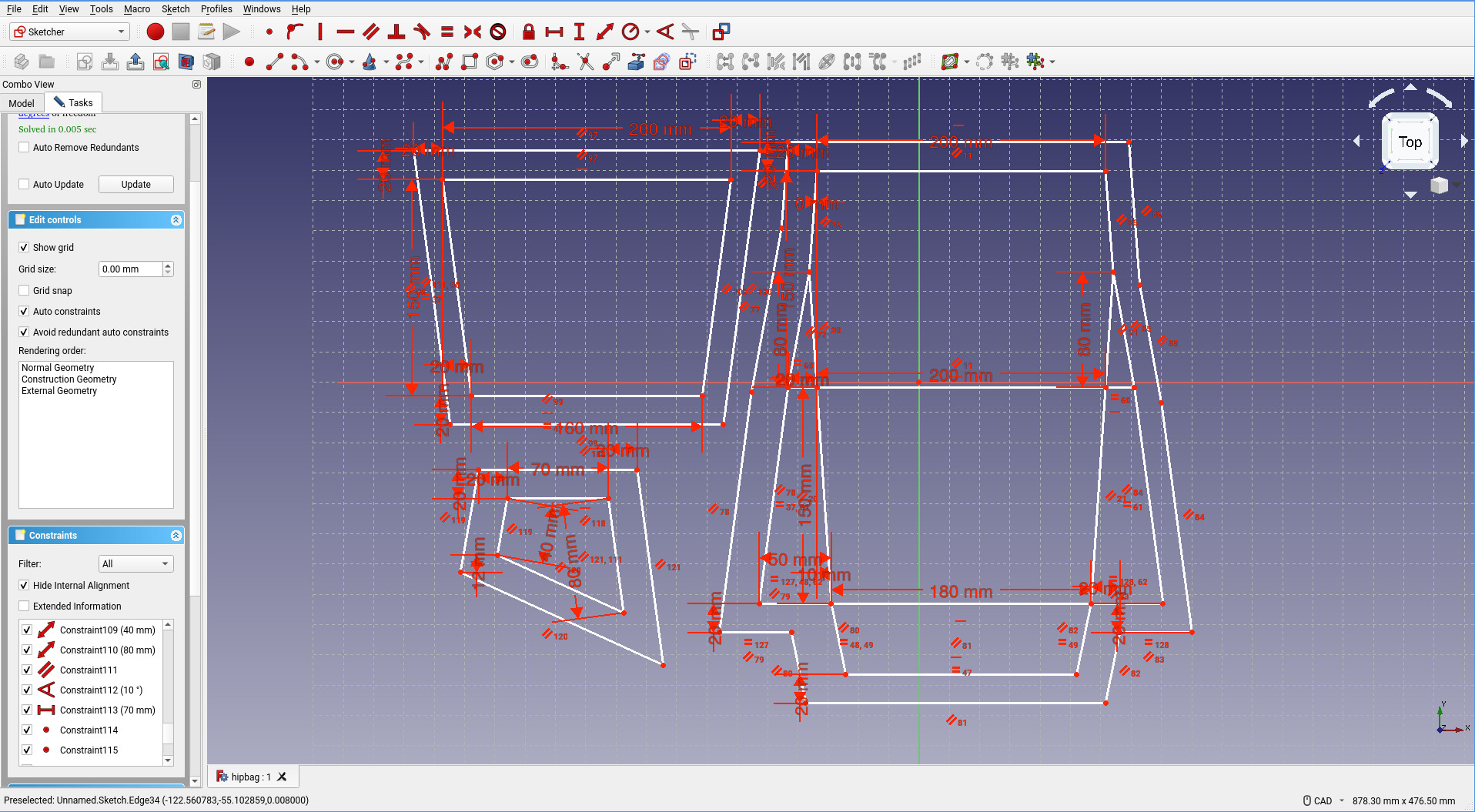 a screenshot of freecad with the patterns for the v3 hip pack