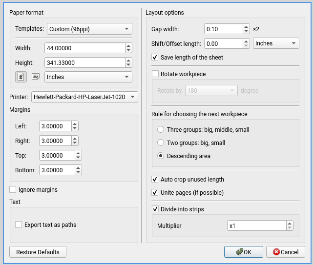 screenshot of the layout dialog, where large format paper to use is selected
