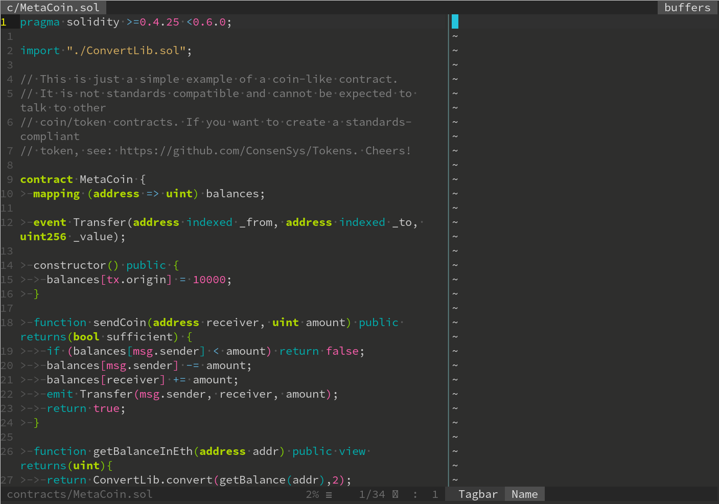 a screenshot of vim with vim-tagbar open, but the tagbar is empty
