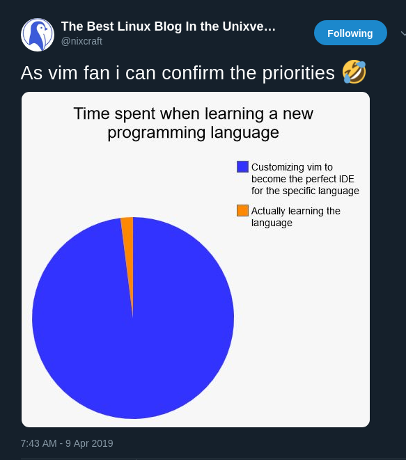 a pie-chart captioned "Time spent when learning a new programming language" in which a minuscule portion is "Actually learning the language" and the overwhelming remainder is "Customizing vim to become the perfect IDE for the specific language"